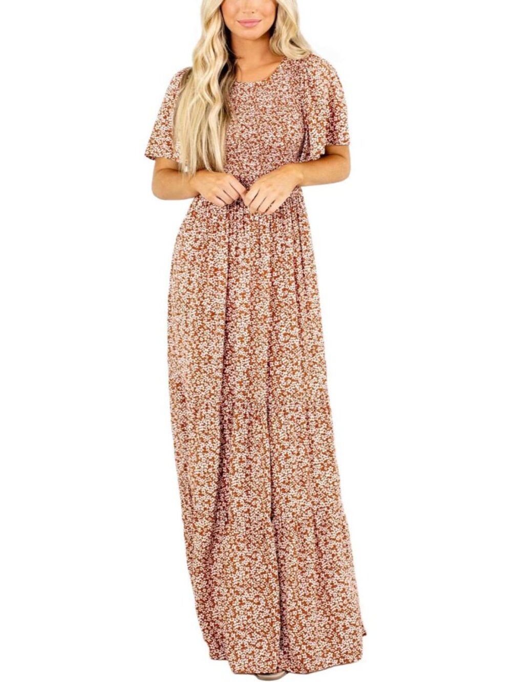 Women 2025 Summer Fall Crewneck Short Sleeve Smocked Floral Maxi Dress